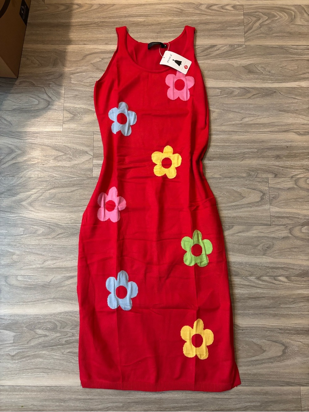 Red Sleeveless Midi Dress with Multicolor Flower Appliqués